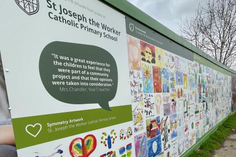 Artwork by pupils of St Joseph the Worker Primary School on the newly installed hoardings at Brookfield Close