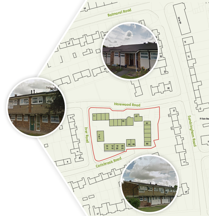 Harewood site map with photos in bubbles