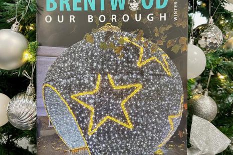 Brentwood our borough magazine with a christmas tree behind it